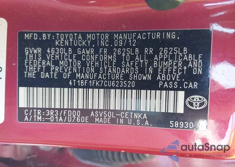 2012 Toyota Camry Le from USA, damaged, VIN 4T1BF1FK7CU623520